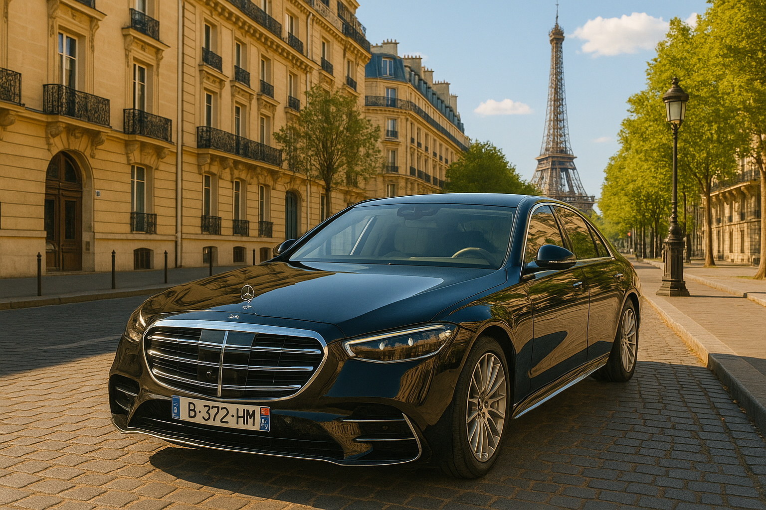 Luxury sedan (Mercedes S-Class) for VIP airport transfers in Paris, Eiffel Tower