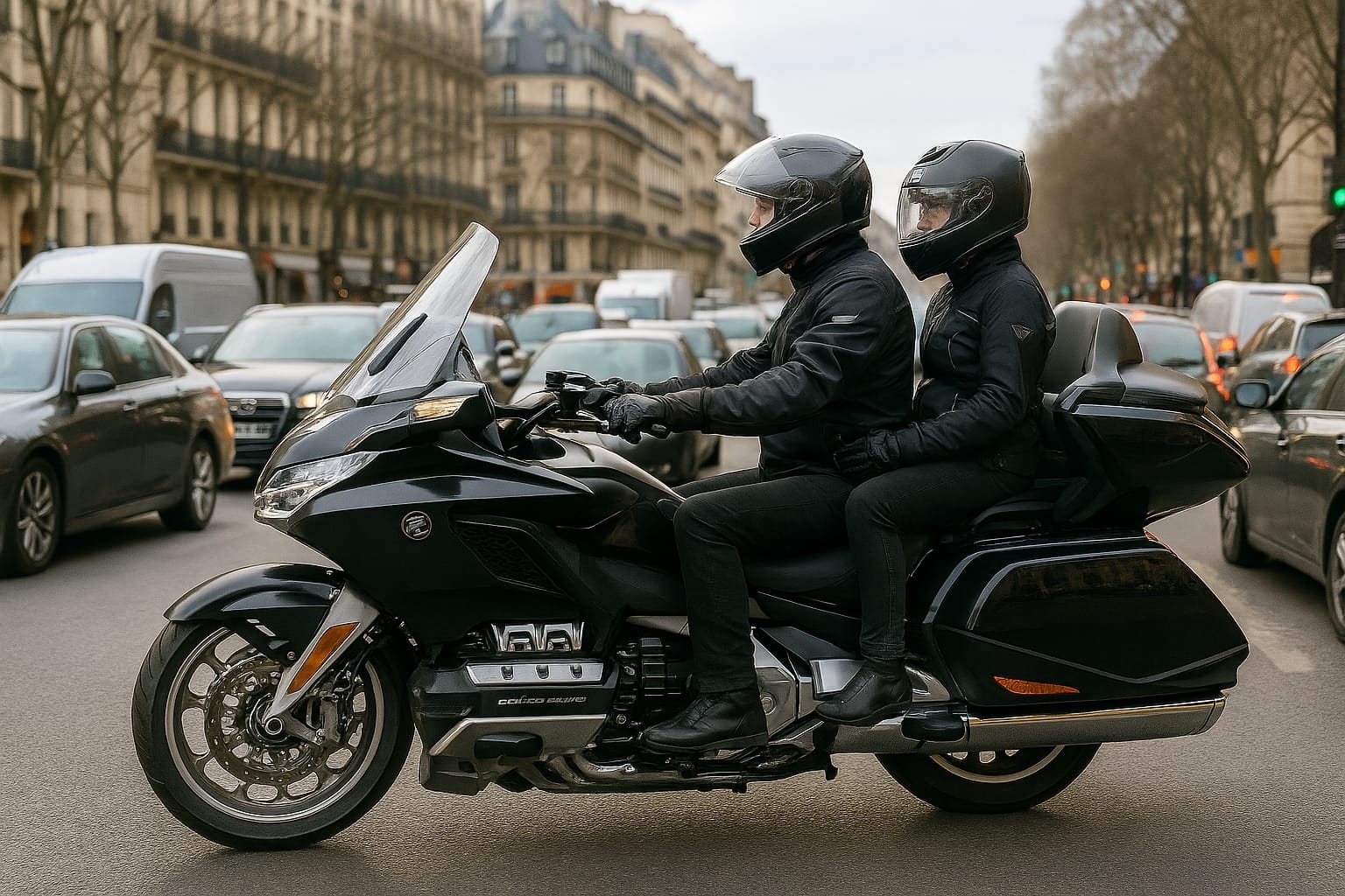 Motorcycle taxi with passenger in Paris traffic — fastest airport transfer option at rush hour