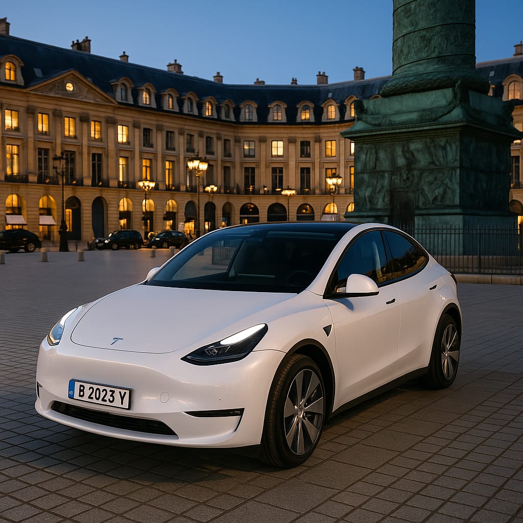 Comfort sedan (Tesla Model Y) for private Paris airport transfers, Place Vendome at dusk