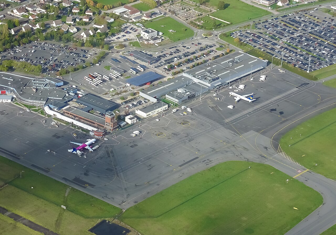Aerial view of Paris Beauvais-Tille Airport terminal and tarmac