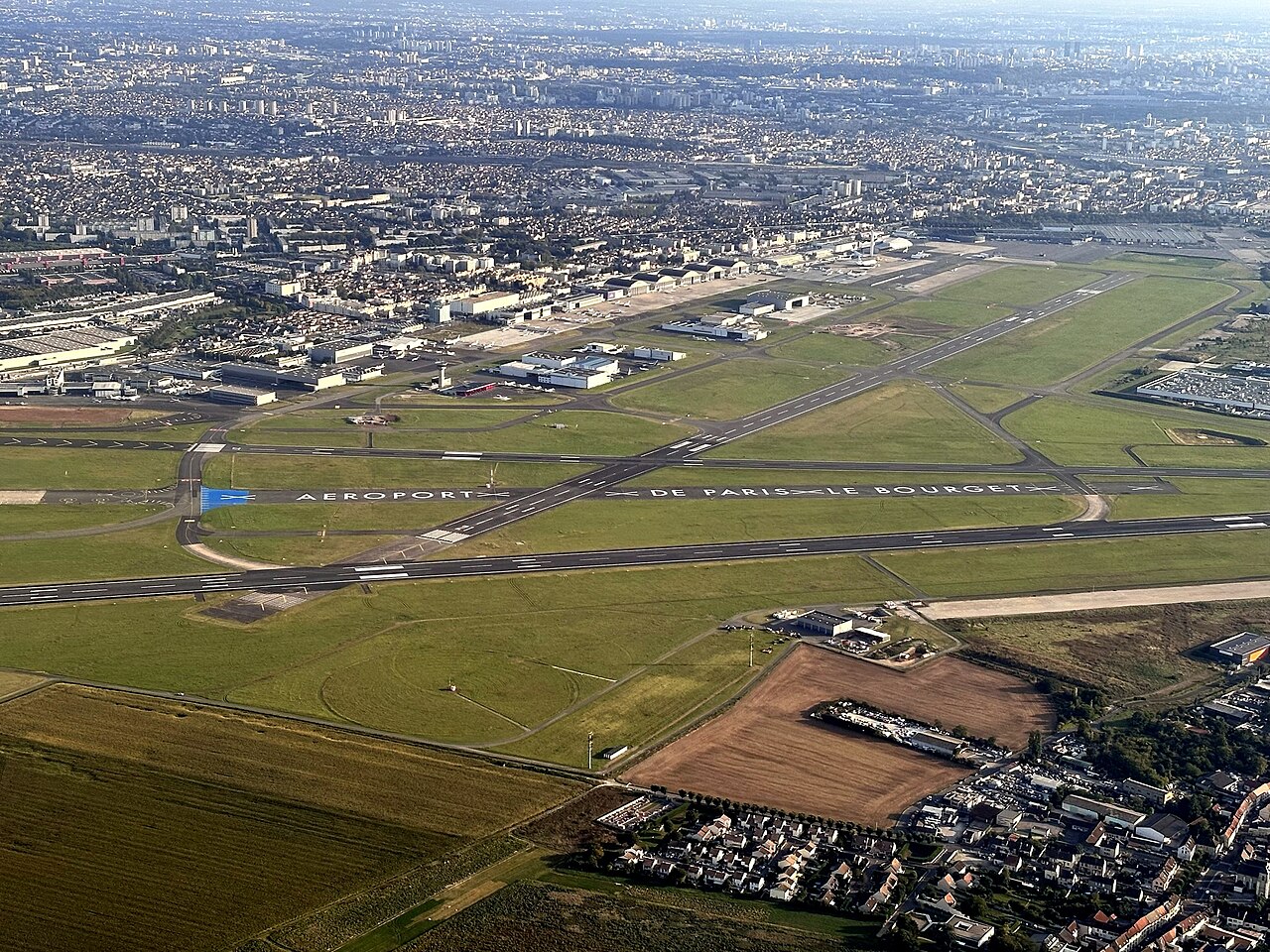 Aerial view of Paris-Le Bourget Airport runways, Europe's leading business aviation airport